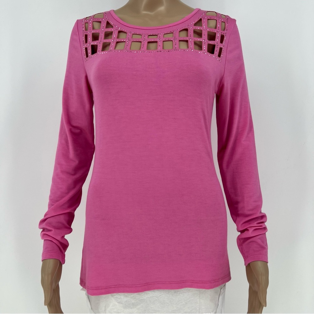 Vocal Top Womens Pink Long Sleeve Cut Out Neckline with Rhinestones Soft Stretch - Picture 1 of 10